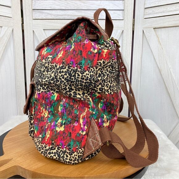 Bongo Leopard Print Multicolor Canvas Backpack Brown Multi - Picture 2 of 11